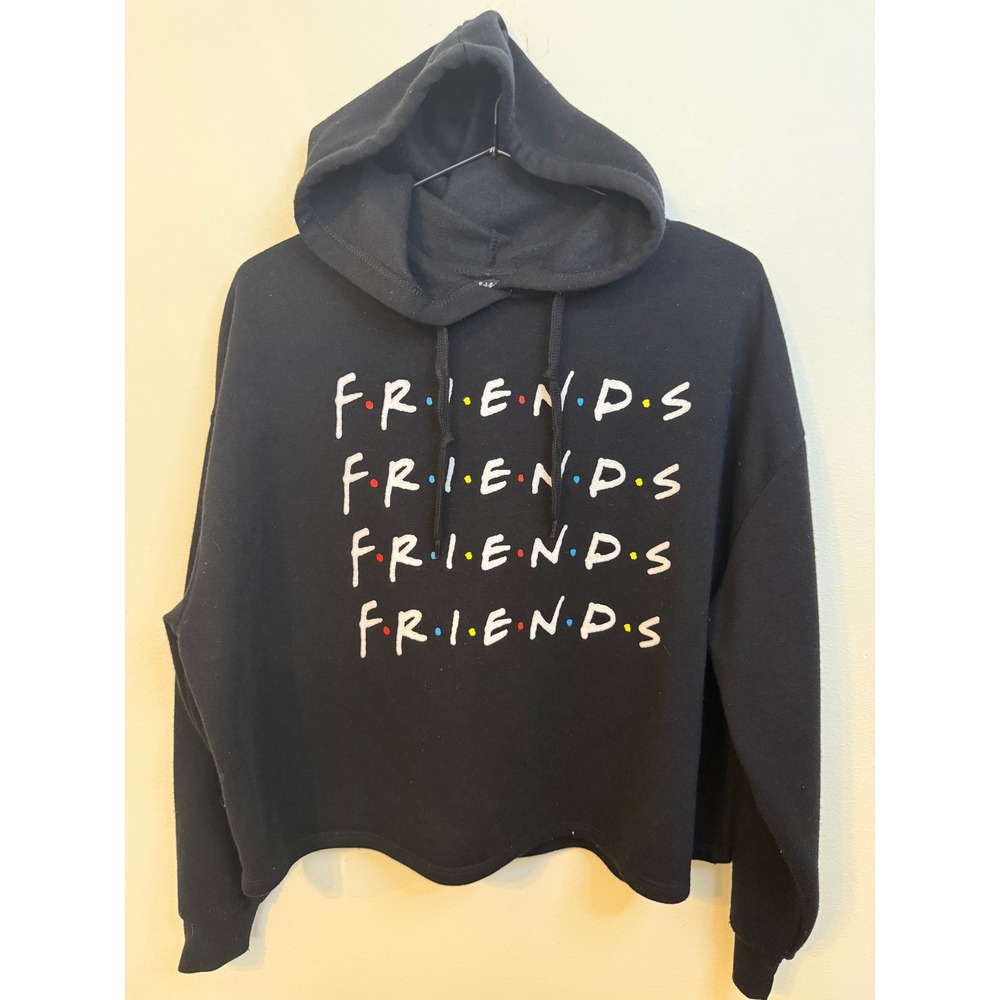 Friends Hoodie Womens XS Black Excellent Cropped Graphic Sweatshirt JJ4658